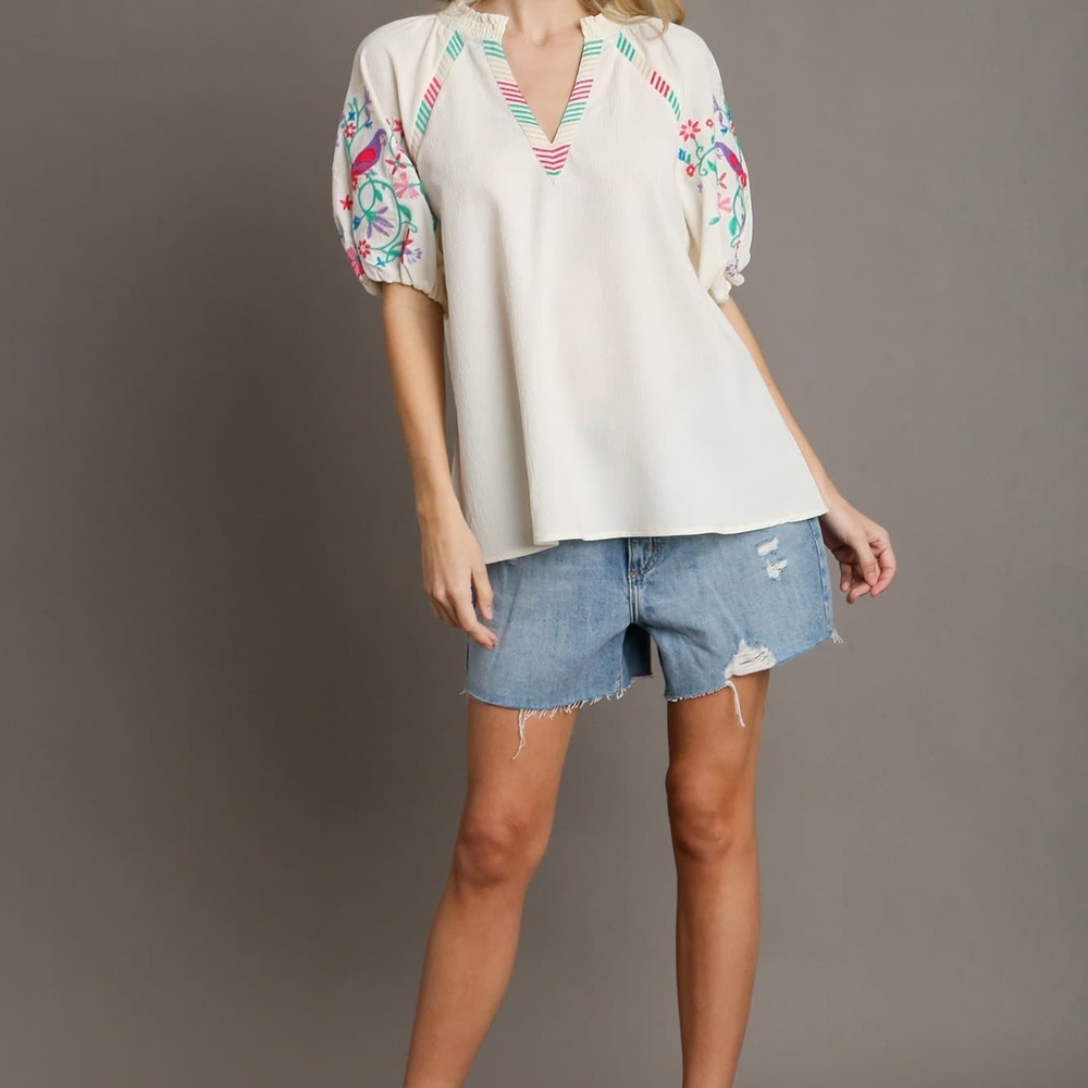 Embroidered Cream V-Neck Top